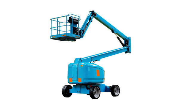 Isolated blue articulating boom lift for construction or maintenance work at height
