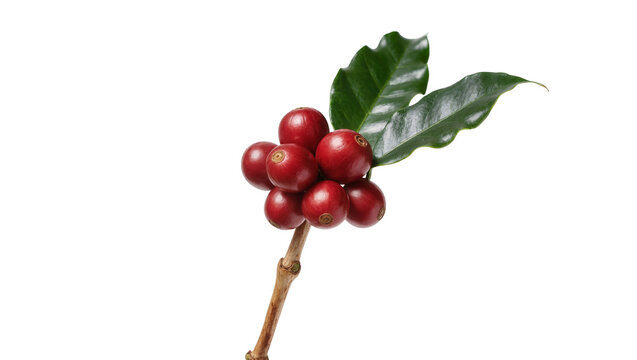 Isolated ripe red coffee cherries on a branch with fresh green leaves for harvest