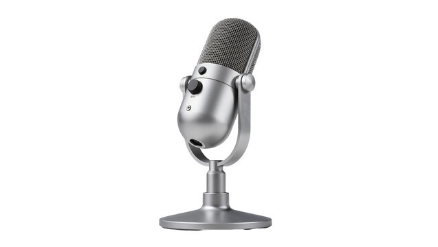 Isolated modern silver professional studio microphone on stand for podcasting and recording