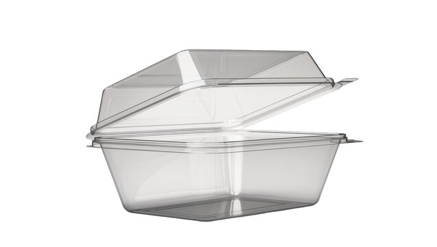 Isolated transparent plastic clamshell food container, lid open, for takeaway items