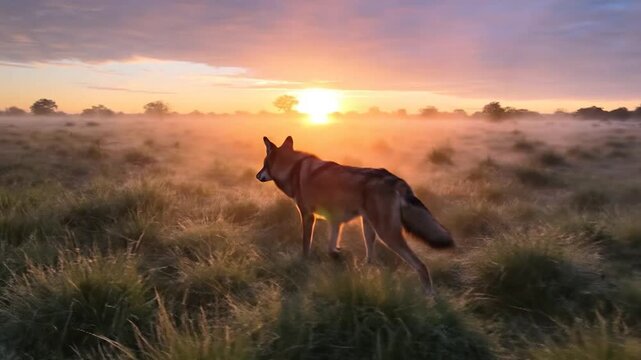 Maned Wolf Emerges From Foggy Grasslands At Sunrise