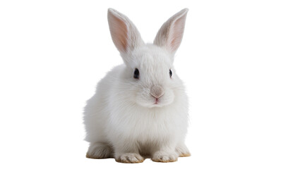 Obraz premium Isolated adorable fluffy white baby rabbit sitting and looking directly at camera curiously