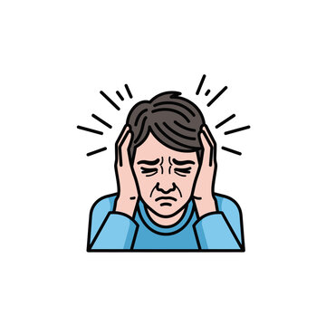 Person experiencing intense headache, stress, or pain, clutching their head with eyes closed and furrowed brow, surrounded by radiating lines indicating discomfort or pressure