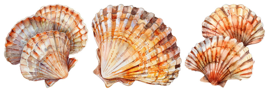 PNG Watercolor scallop shell collection on transparent background