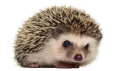 Obraz premium Isolated adorable little hedgehog, a charming and spiky wild animal, looking at camera
