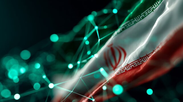 A nation amidst turmoil: the struggle and resilience unfold. Smart grid. Fierce battlegrounds: iranian flag with expansive explosions and dense smoke. Ai dataflow. Cyber intelligence.