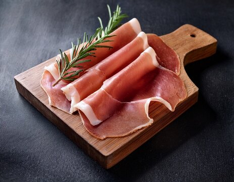 thinly sliced pieces of proscuitto neatly presented on a wooden serving board along with a spring of rosemary garnish