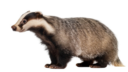 Isolated European badger, known for its distinctive black and white striped face © Paula