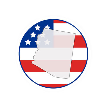 Arizona state map over USA flag badge. Arizona state map silhouette overlaid with the United States flag.