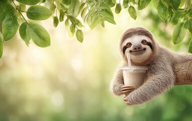Fototapeta premium Sleepy Sloth Relaxing on a Tree Branch with Drink