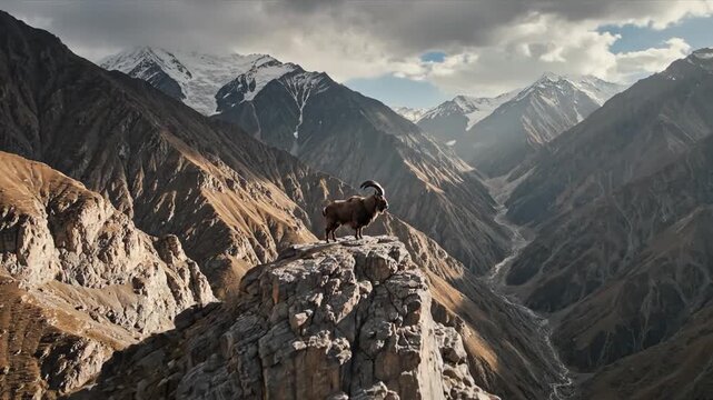 Markhor stands atop a mountain peak in the Himalayas