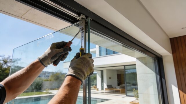Close-up of a worker's gloved hands meticulously installing a large glass sliding door panel into a modern home's frame, with a clear view of an outdoor pool and patio
