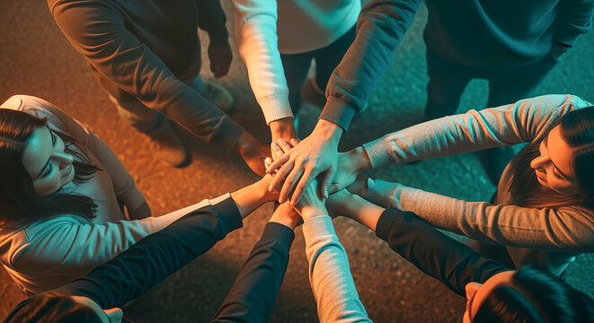 Supportive Team Stacks Hands Together, Sharing Energy and Building Strength in Unity and Friendship