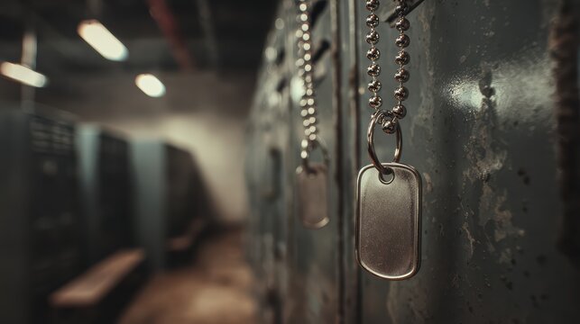 empty military dog tags hanging from a locker hook inside an army barracks, stainless steel ball chain, dusty metal lockers, dramatic cinematic lighting, shallow depth of field