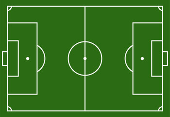 Aerial view of a professional grass soccer field, perspective from above of the soccer field markings, standard design of an outdoor sports stadium
