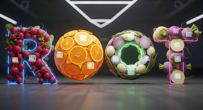 The word pron spelled with fruits and pills in a futuristic setting