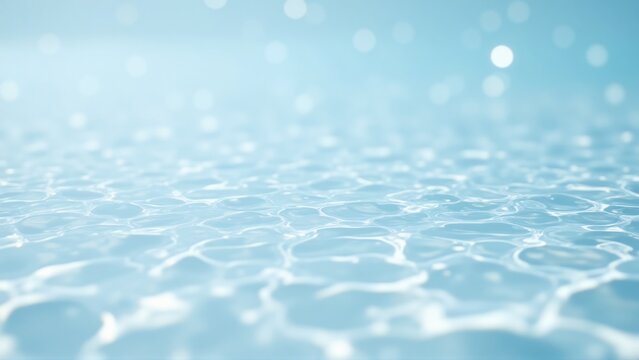 Serene light blue water surface with gentle ripples and shimmering bokeh, creating a peaceful and refreshing aquatic background texture