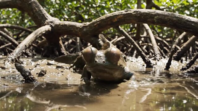 Mudskipper Fish Resting on Sun-Dappled Mangrove Roots