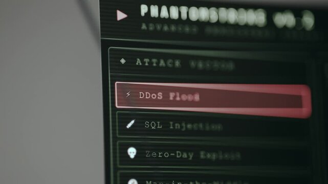 Options for different types of cyberattacks , DDoS Flood, SQL Injection, Zero Day Exploit. Ethical hacking concept