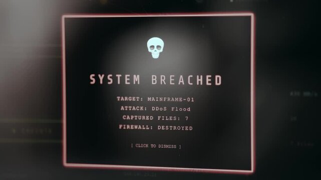 System Breach, interface displays the target, type of attack and captured files, ethical hacking concept