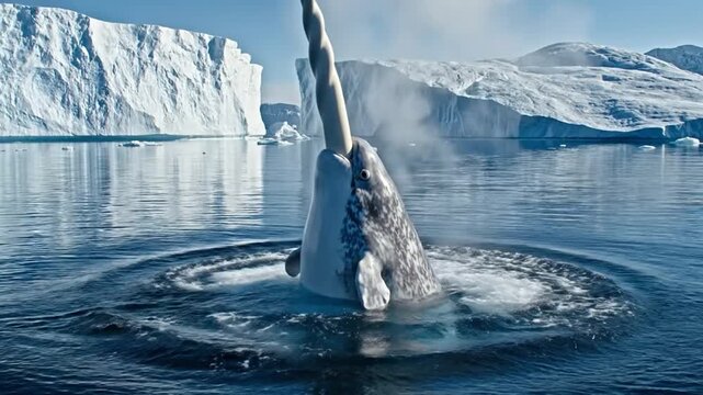 Narwhal Surfaces With Tusk in Arctic Waters