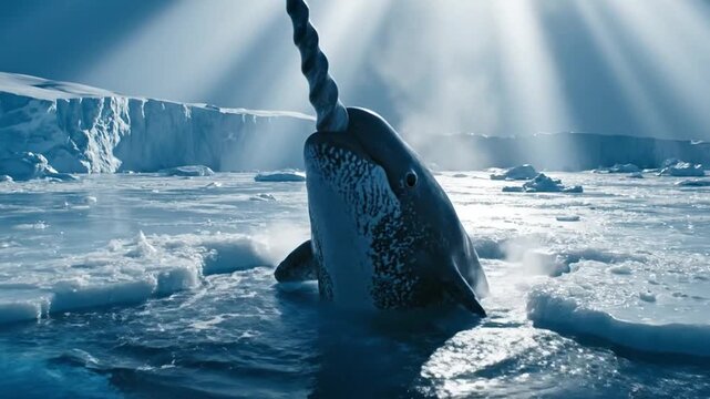 Narwhal's Tusk Breaks Arctic Ice Surface in Sunlit Waters