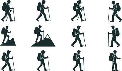 Hiker backpacker silhouettes set, trekking traveler walking with poles mountain hiking adventure outdoor vector