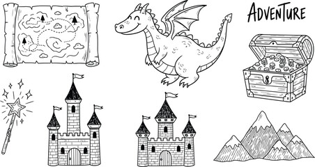 Fantasy adventure scene with dragon castles and treasure © mdkamran