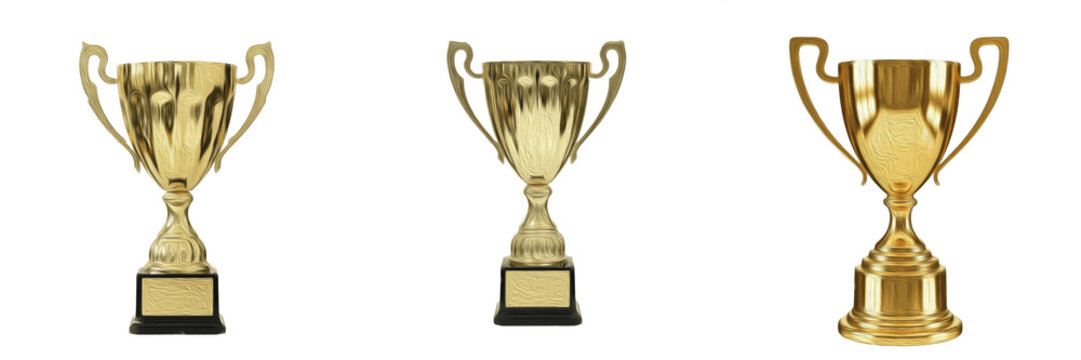Set of three gold trophy cups on a white background