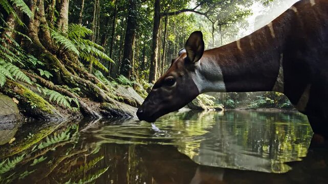 Okapi Drinks From Jungle Pool Reflection