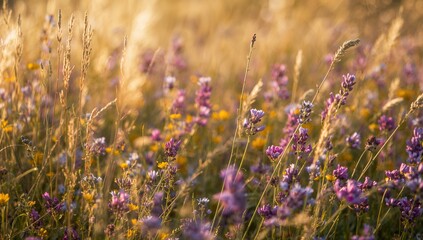 Colorful Wildflowers in Golden Sunset Lighting on Open Meadow