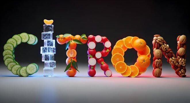 Colorful fruits arranged to spell cocon on a dark background isolated on white background
