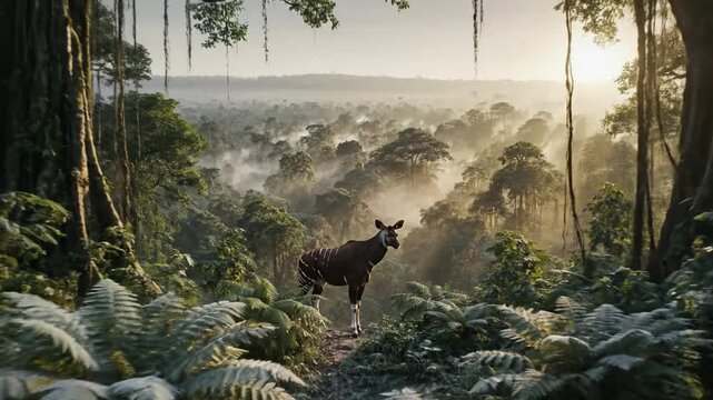 Okapi Emerges From Mist Shrouded Congo Basin Forest