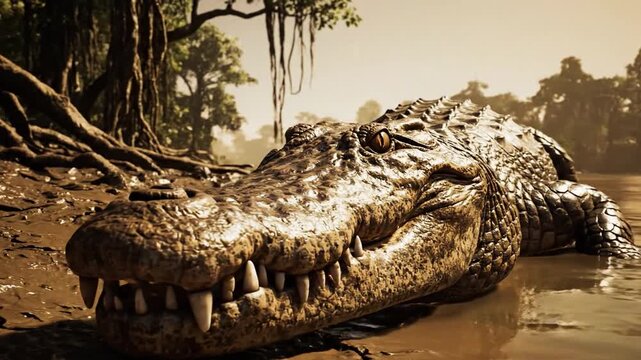 Orinoco Crocodile Basking on a Muddy Amazonian Riverbank