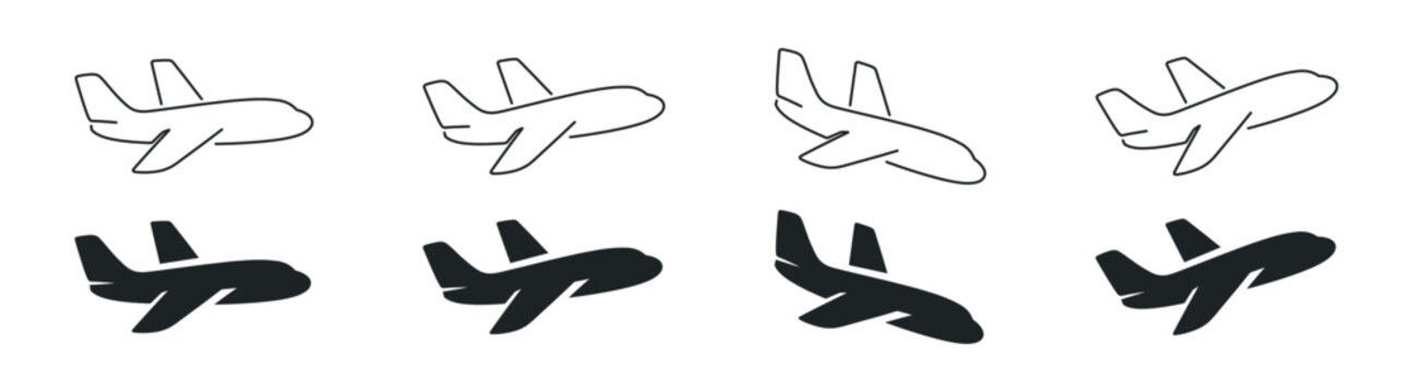 Airplane icon set, plane silhouette vector collection, flight transport symbols on transparent background