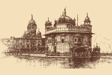 Obraz premium Golden Temple, India illustration in a vintage style. This vector illustration can be used in any size you like for advertising, logos, and other work. 