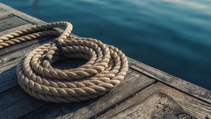 Fototapeta premium Rolled Natural Rope on Wooden Dock by Calm Water Surface
