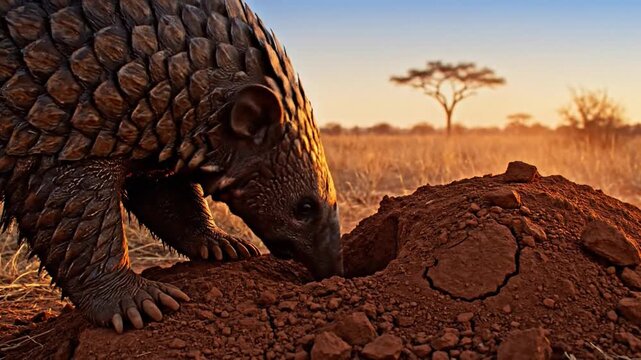 Pangolin Digs For Ants in African Savanna Sunset