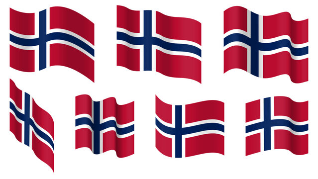 Norway flag set, Norway waving vector flag collection. Isolated on transparent background. Illustration. Design element for banner, presentation, sale, discount, advertisement, web.