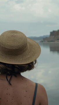 Vertical video: Camera framing woman shifting pose contemplating inlet wearing straw hat swimsuit