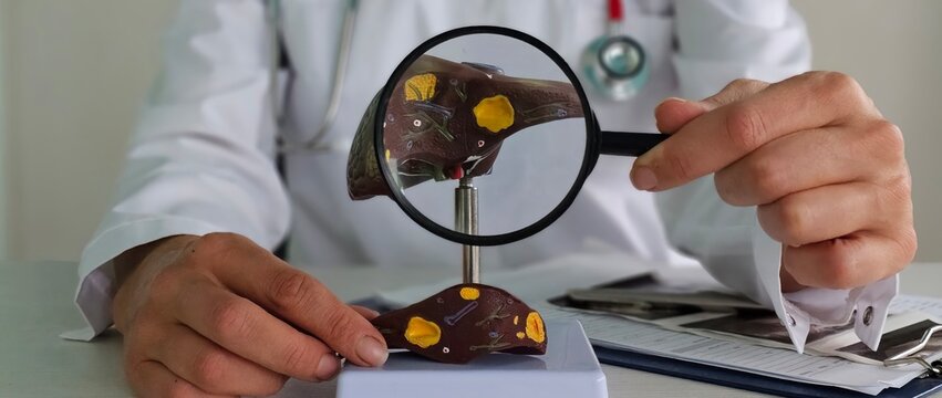 Anatomical liver with gall bladder and pancreas and magnifying glass in hands of a doctor