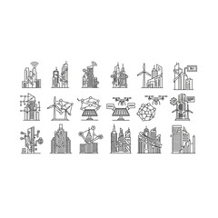 Obraz premium Assortment of Hand-Drawn Icons: Buildings, Technology, and Nature