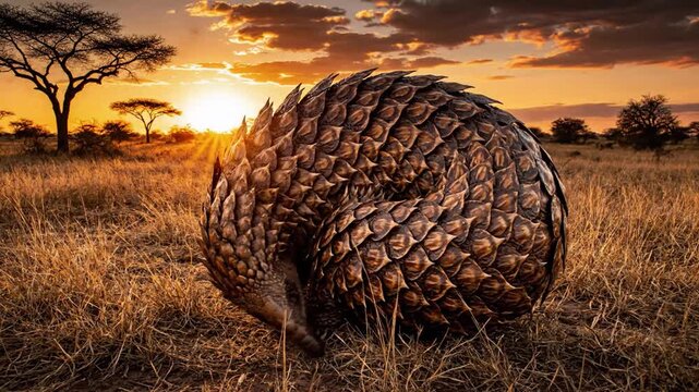 Pangolin Rolls Into Defensive Ball At Sunset In Africa