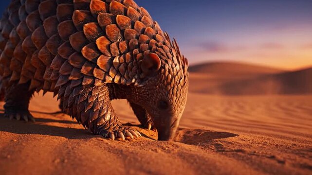 Pangolin scurrying across desert sands at dusk