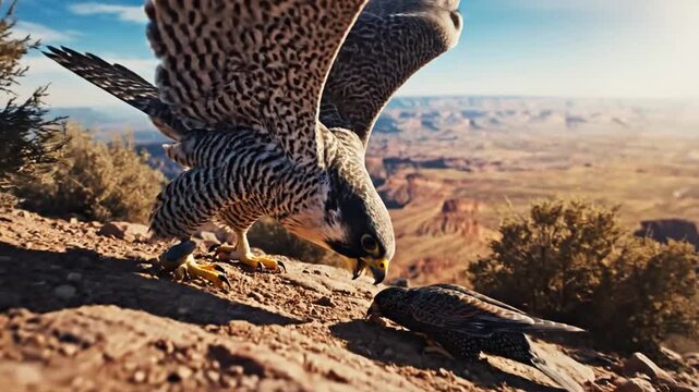 Peregrine Falcon Dives Toward Prey Over Canyon Landscape