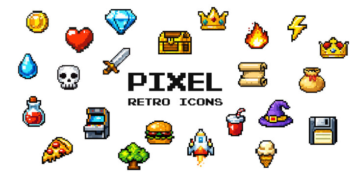 Pixel game icon set with coin heart diamond crown chest rocket food and retro arcade videogame elements