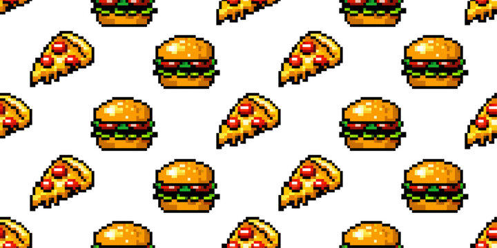 Pixel food background with burger and pizza retro arcade pattern