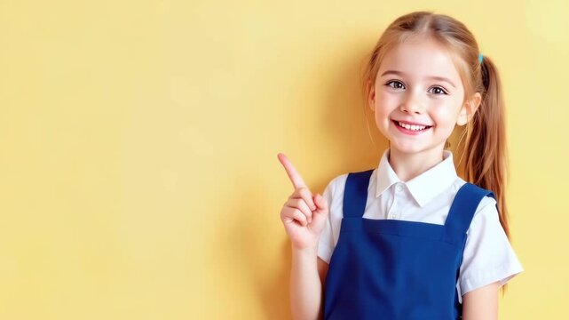 Smiling school girl pointing forefinger at empty space for promotional text, bright yellow background, clean layout, concept of education, advertising, youth