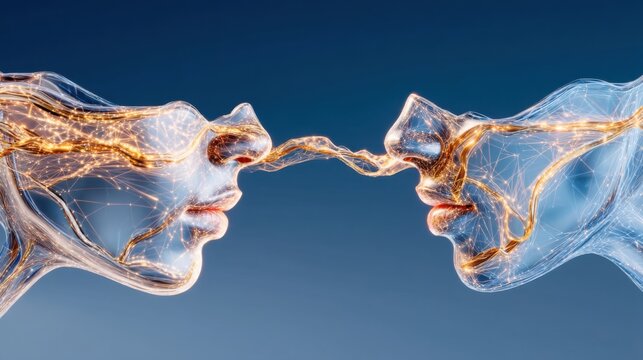 Conceptual art, two human profiles facing each other, connected by a flowing bridge of glowing optic fibers and neurons, digital telepathy concept