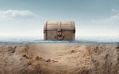 Treasure Chest Partially Buried in Golden Sand Dunes
